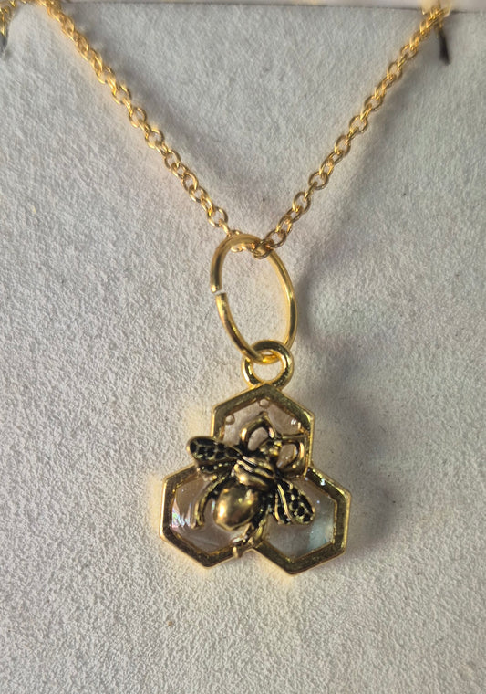 Clear resin honeycomb and bee necklace (3 honeycomb long)