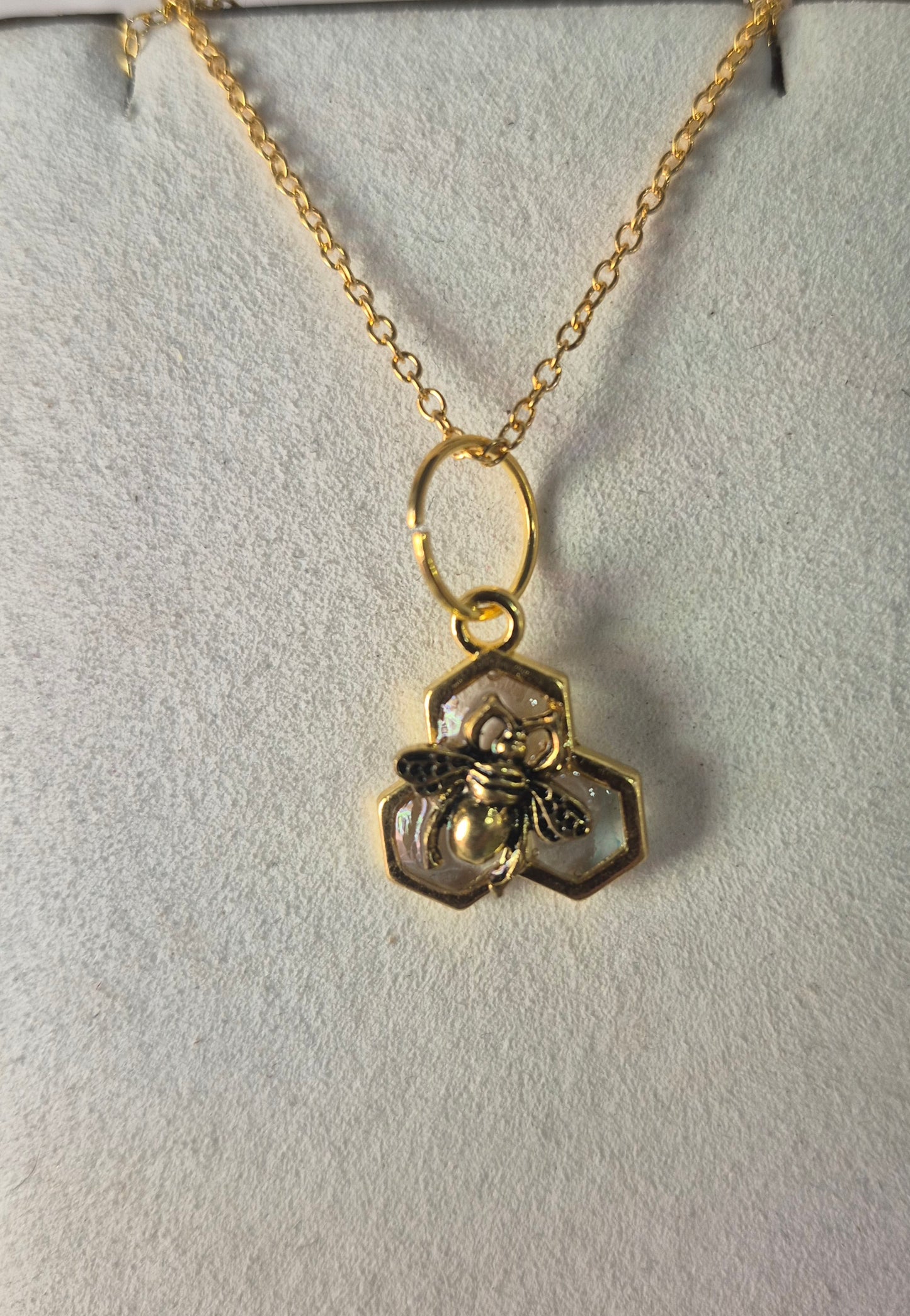 Clear resin honeycomb and bee necklace (3 honeycomb long)