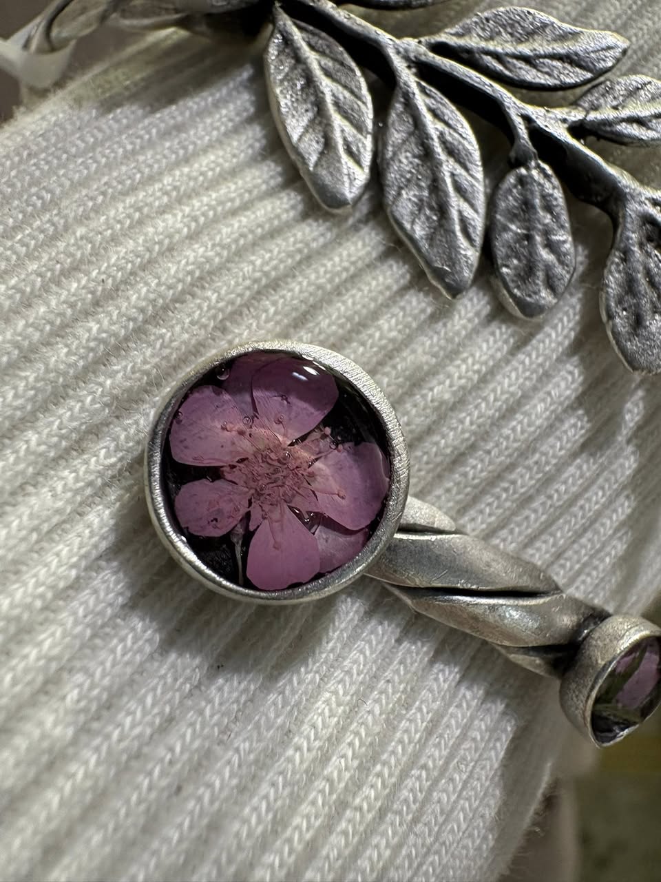 Winter 2025 botanical bracelet (silver leaves and pink)