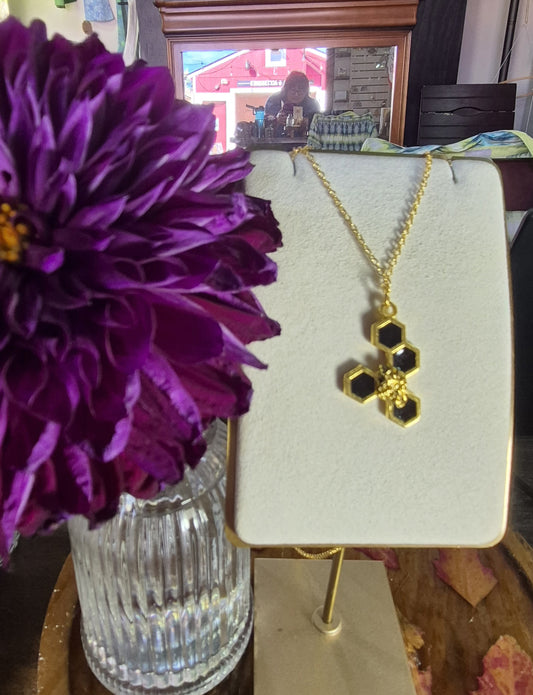 Black resin honeycomb and bee necklace (5 honeycomb long)