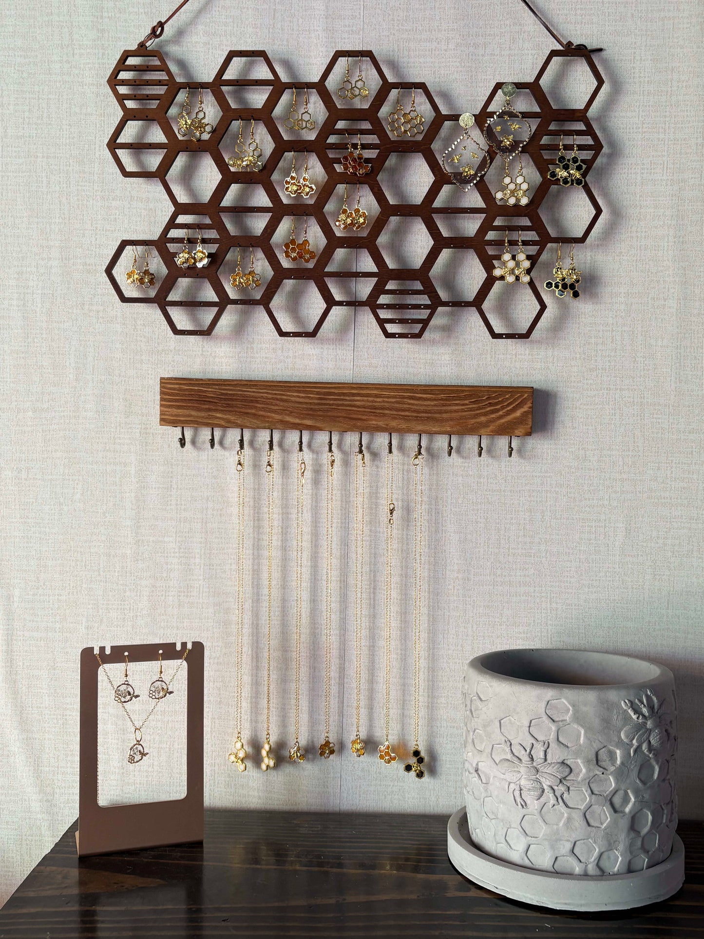 White resin honeycomb and bee necklace (5 honeycomb long)