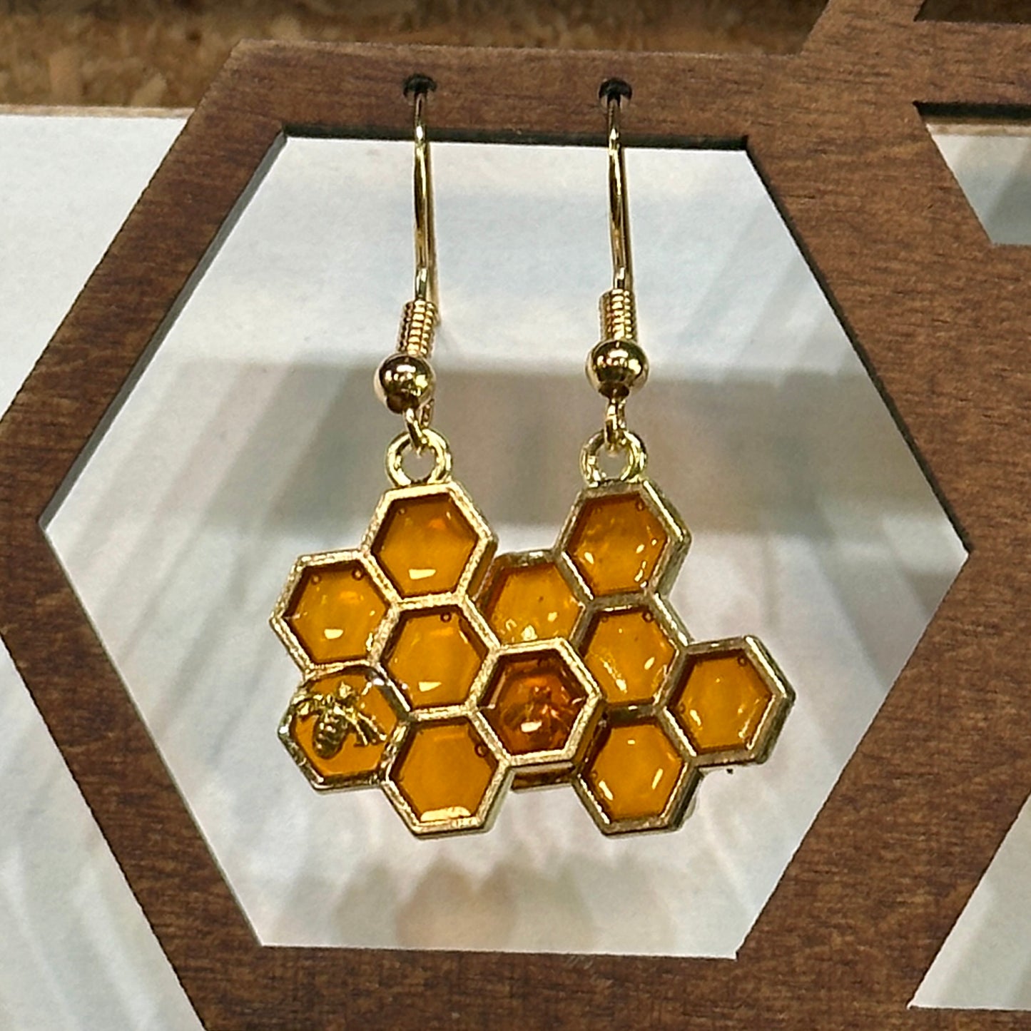 Amber honeycomb and small bee earrings (6 hex)