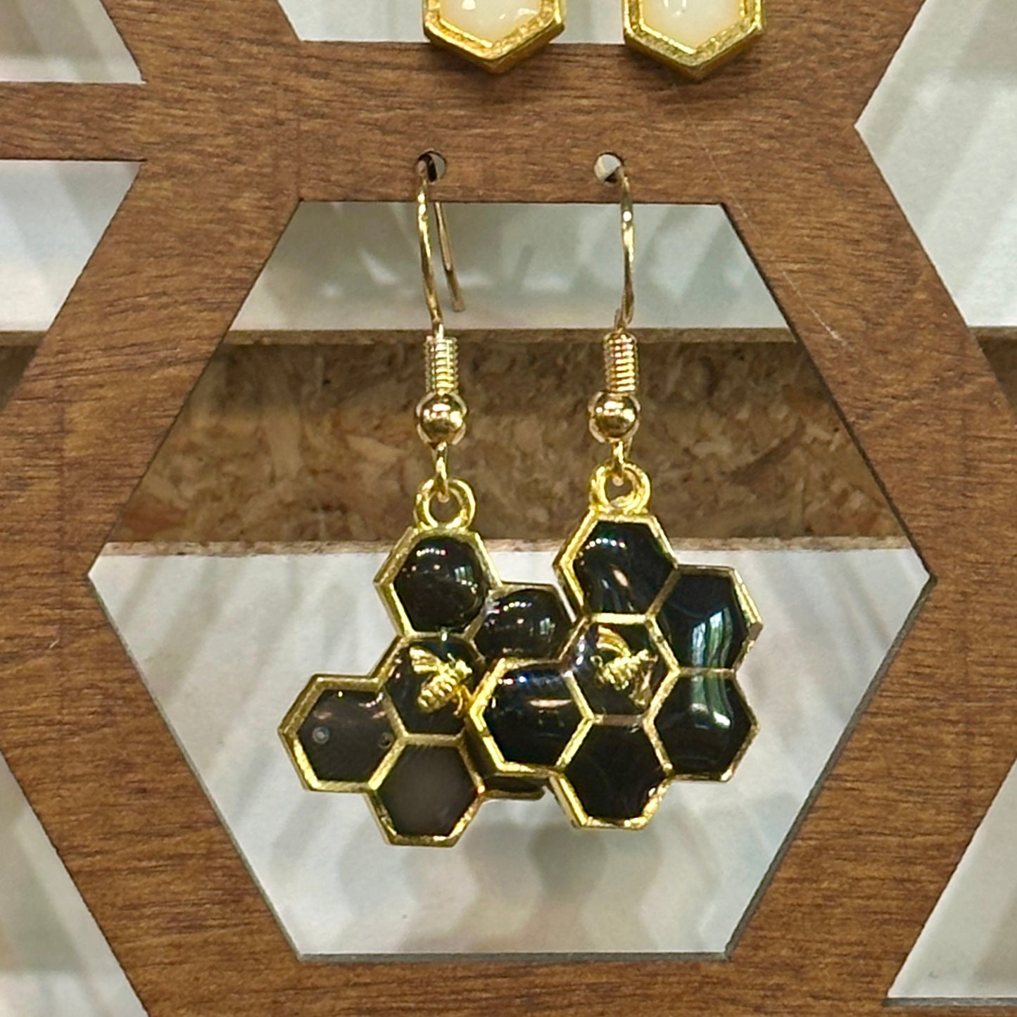 Black honeycomb and bee earrings (6 hex)