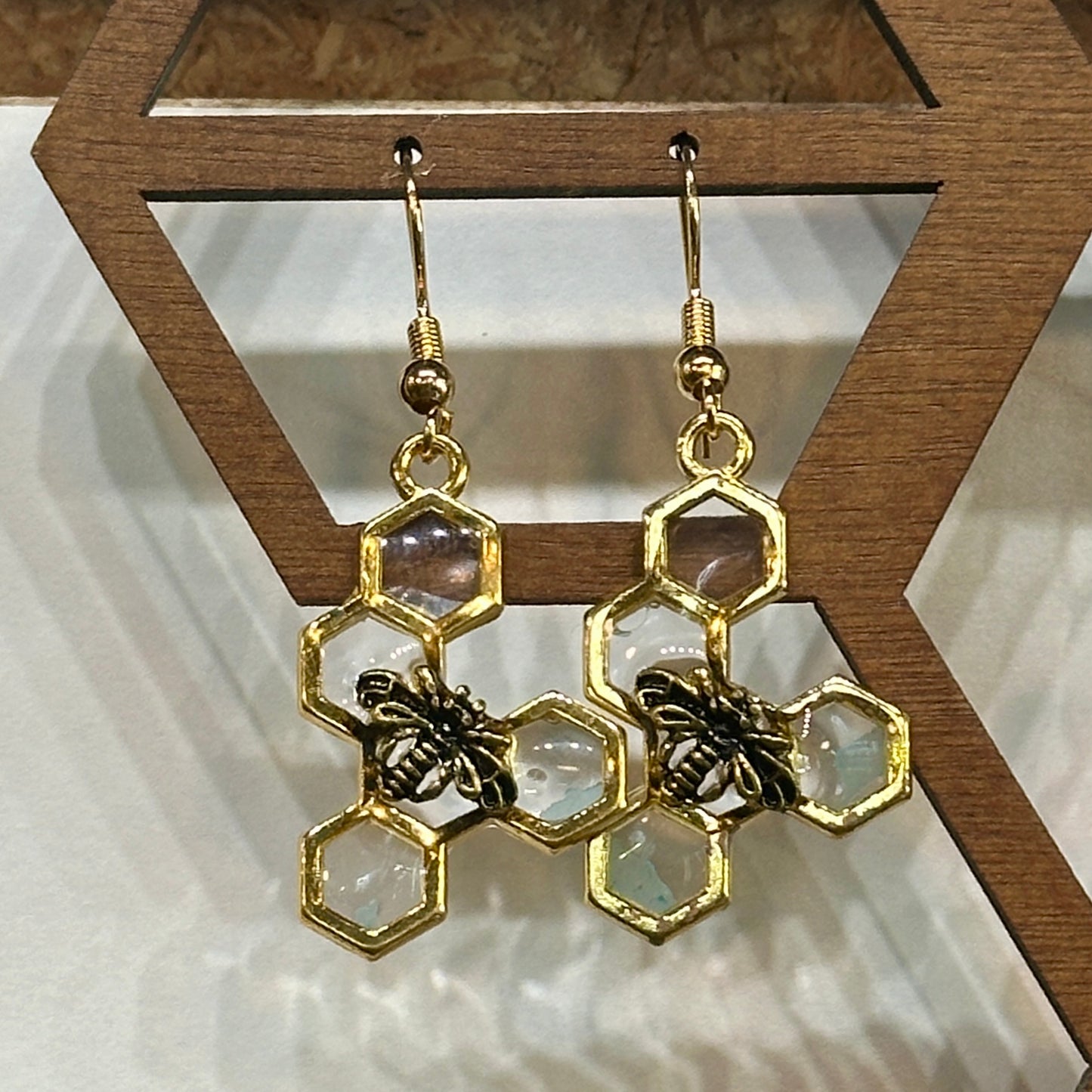 Clear resin honeycomb earrings with large bee (5 hex)