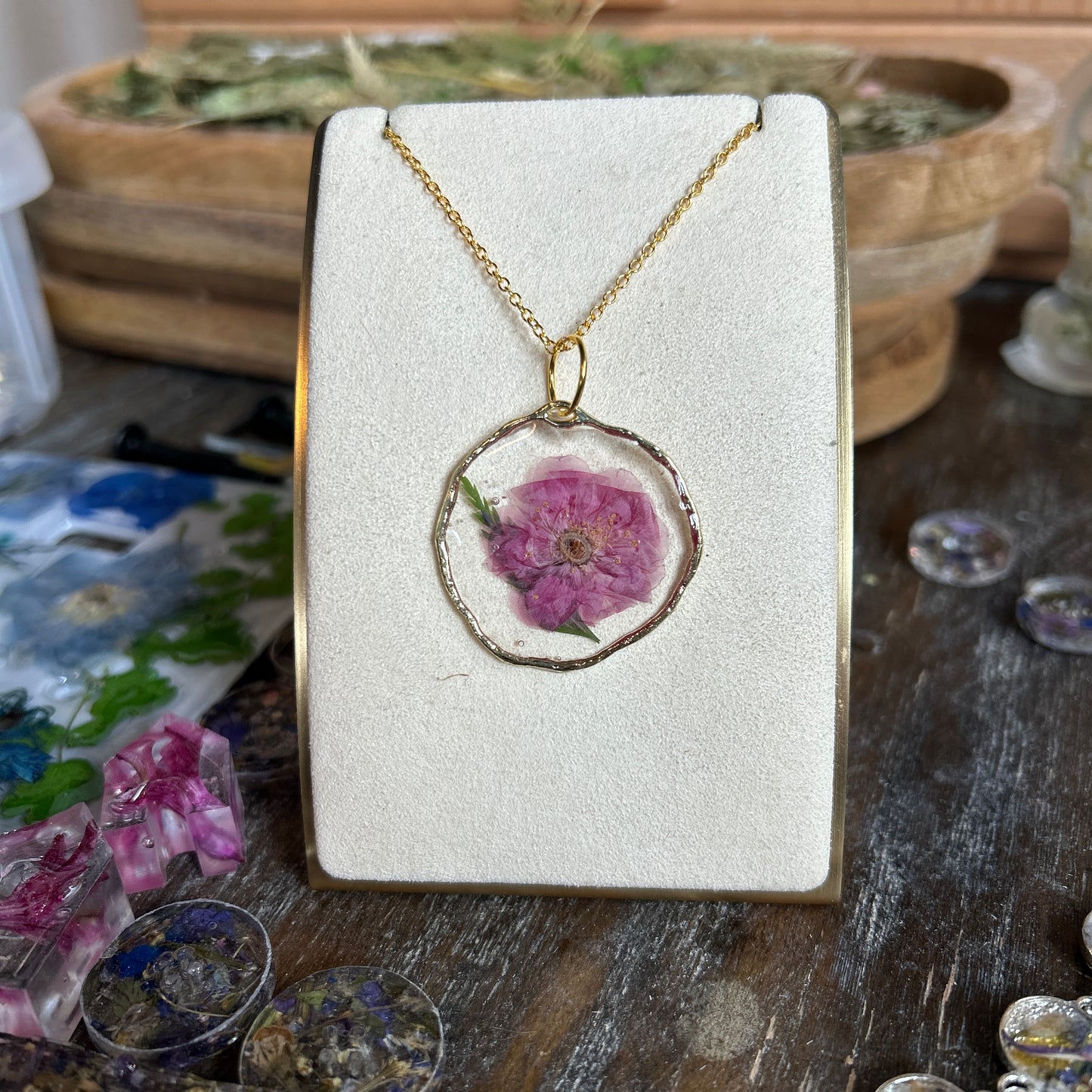 Pink flower gold necklace 5