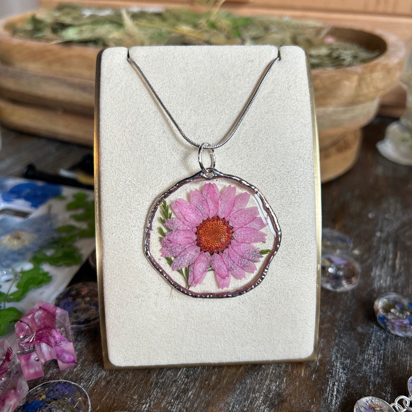 Pink flower silver necklace 2