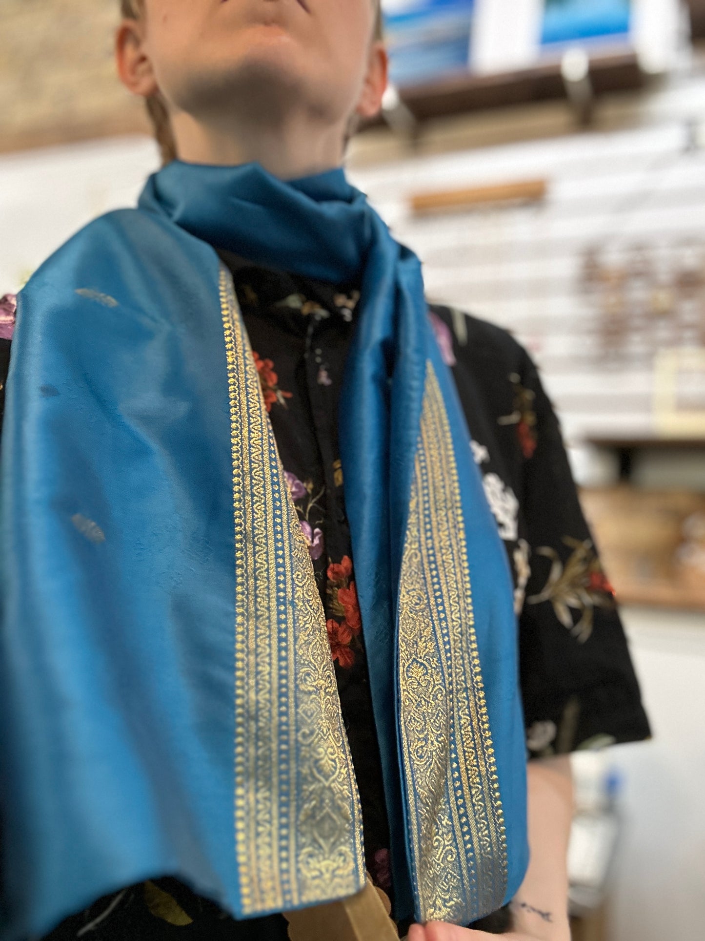 Handmade Scarf - Blue and Gold Sari Remnant