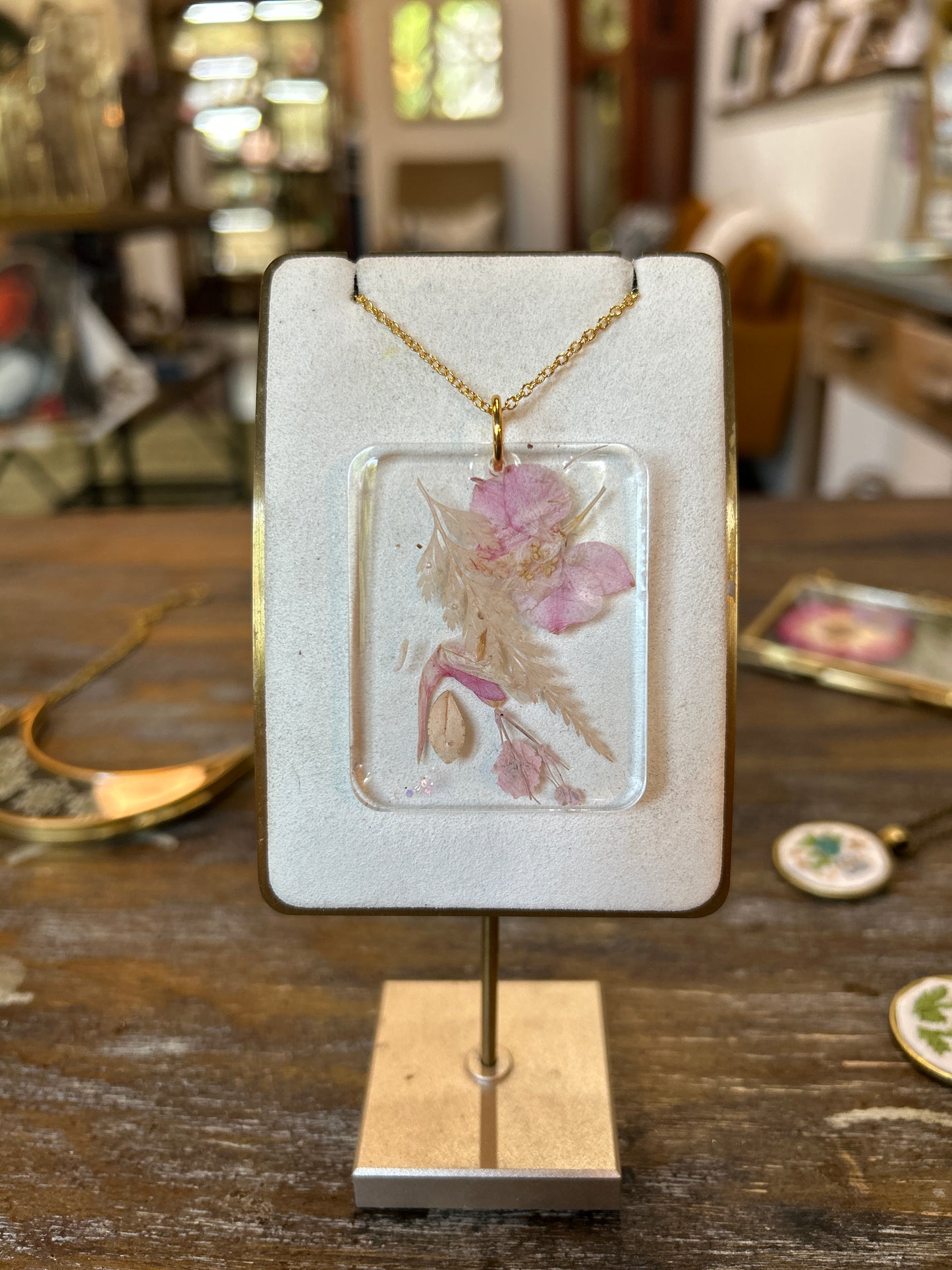 Resin Botanical Necklace - Large Pink Rectangle 2