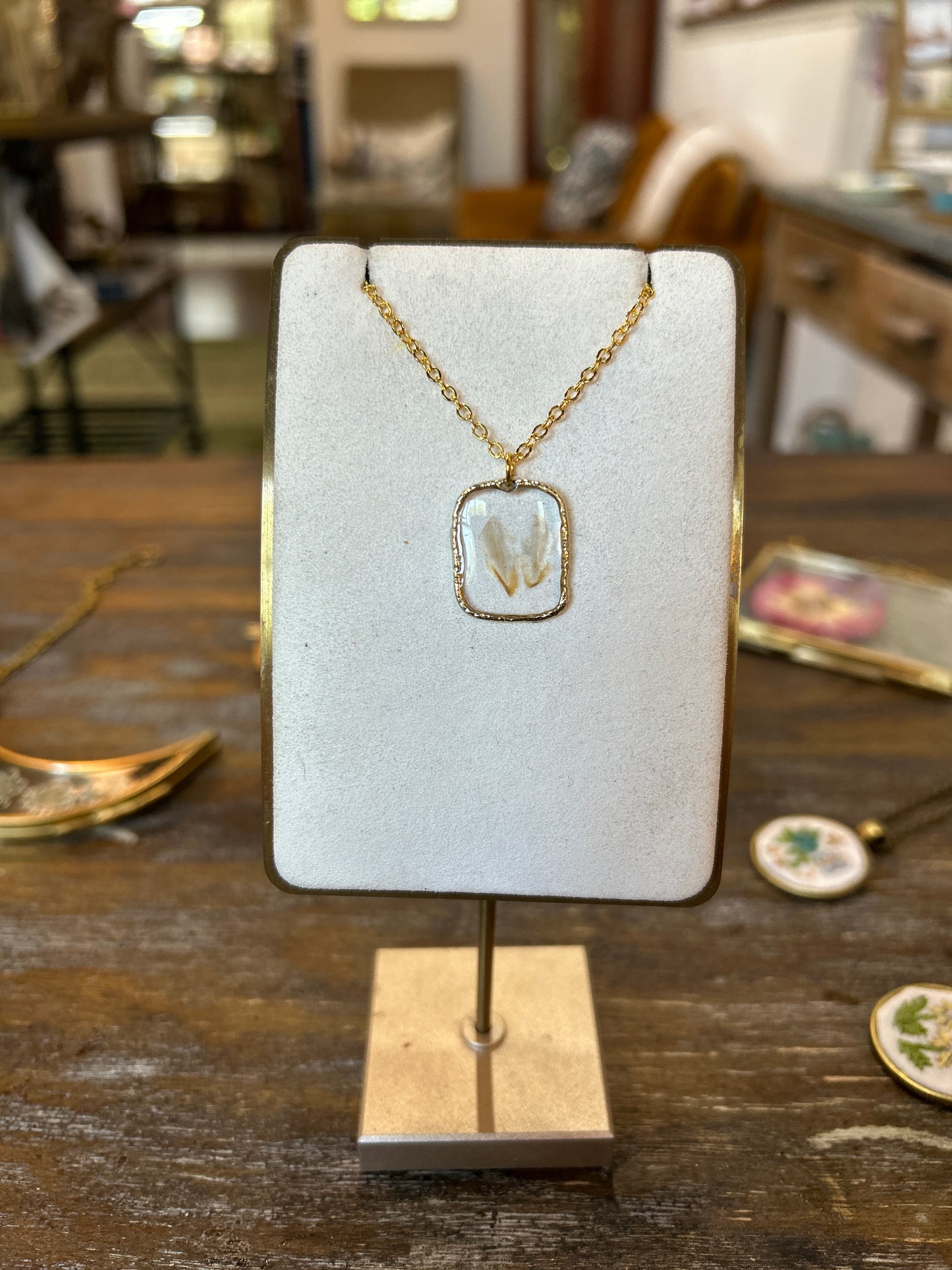 Resin Botanical Necklace - Yellow Gold Small Rectangle 2