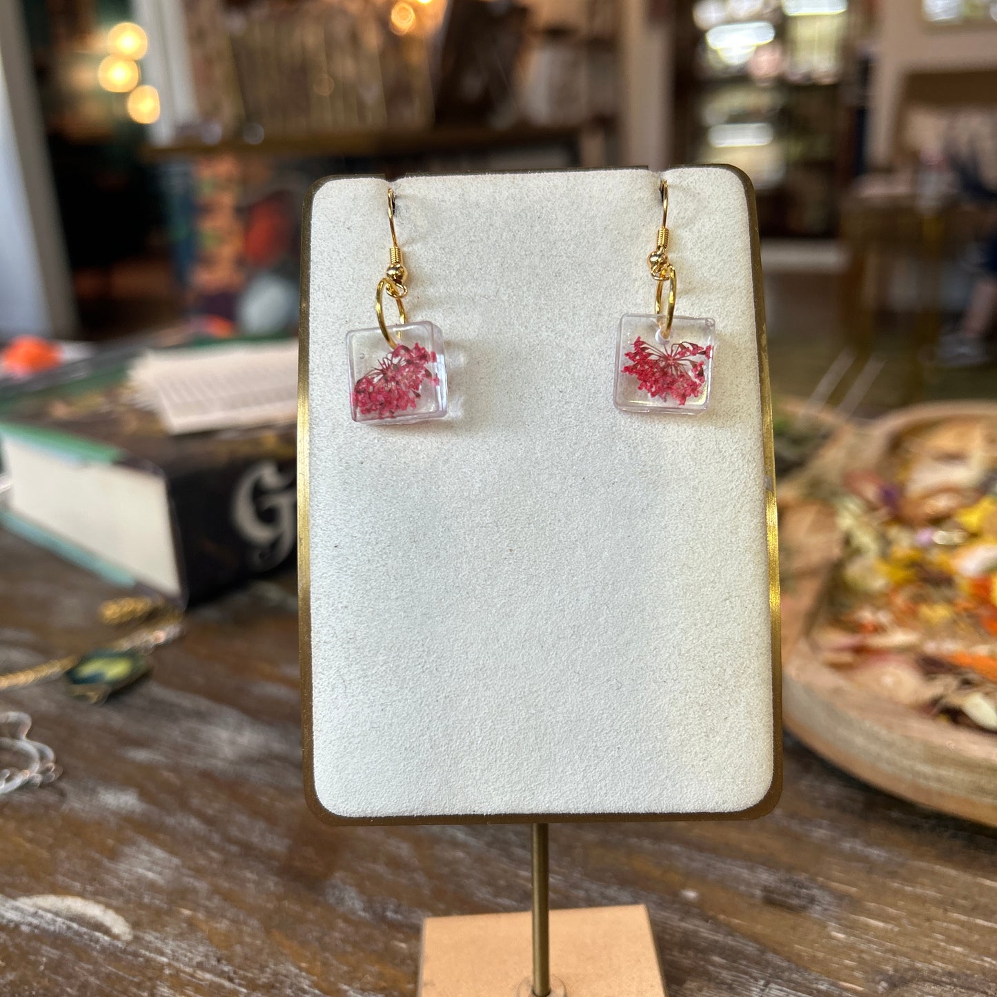 Pink Flower Resin Earrings Square