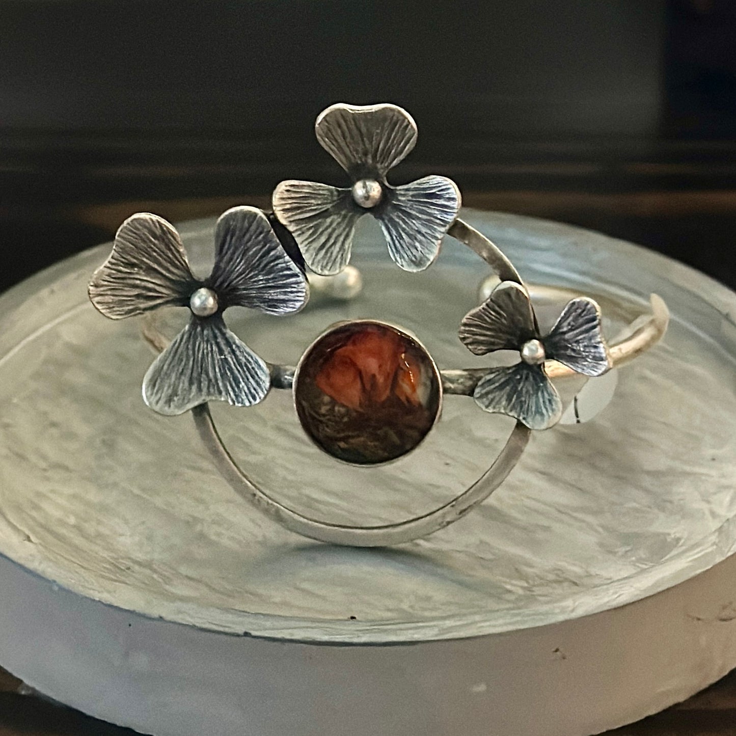 Autumn botanical bracelet with three silver flowers