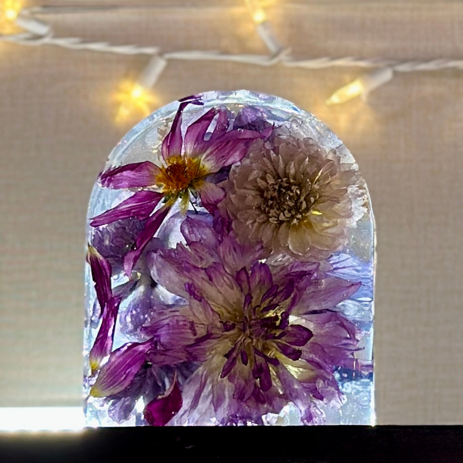 Dahlia and gold resin arch