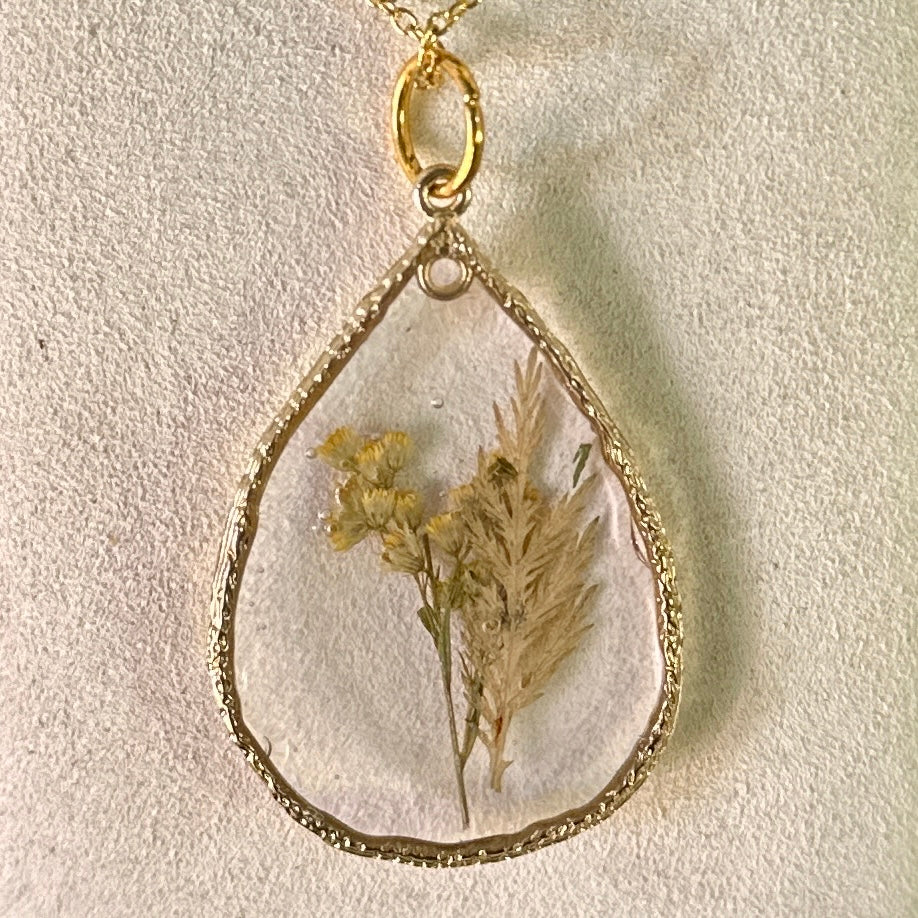 Gold-framed botanical necklace (yellow floral) 2