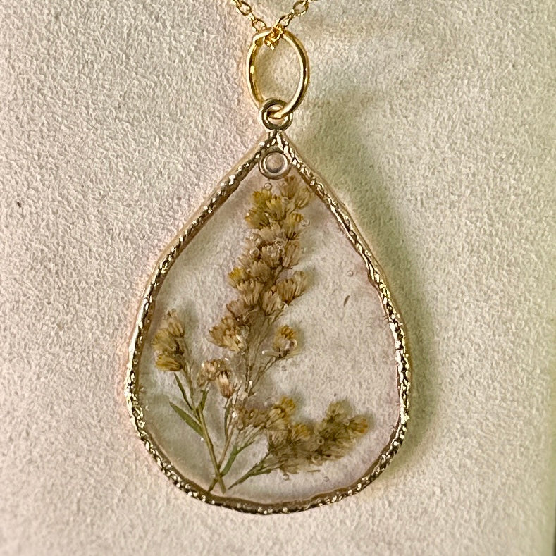 Gold-framed botanical necklace (yellow floral) 1