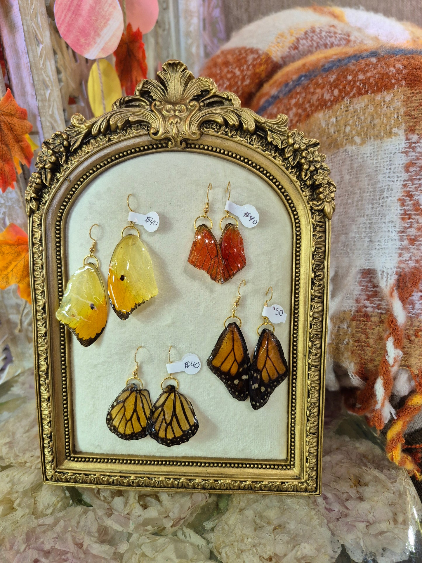 Mariposa Earrings: orange tipped yellow sulphur butterfly