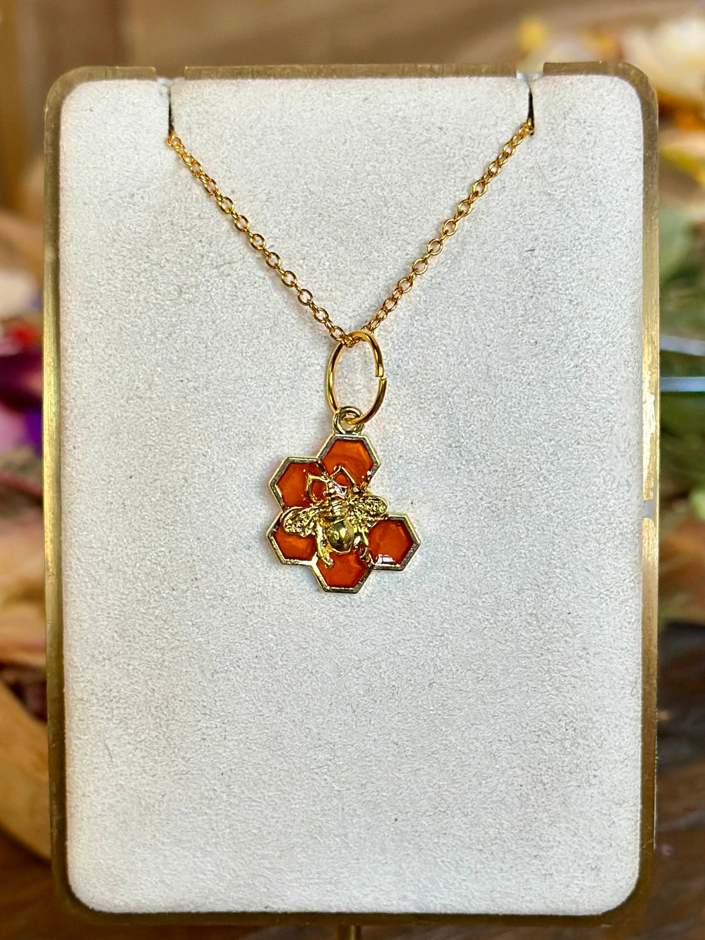 Orange honeycomb and Bee necklace (6 hex) A