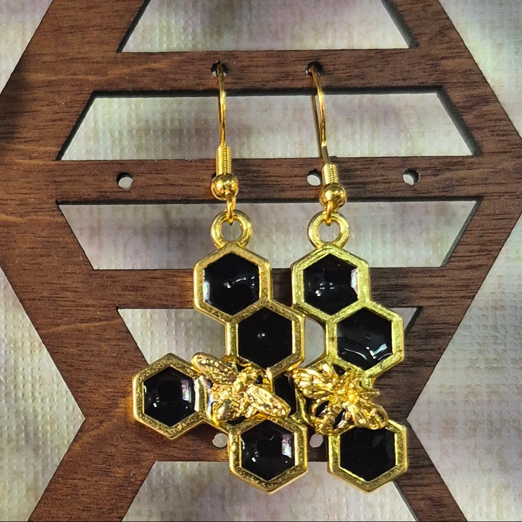 Black honeycomb and bee earring (6 hex)