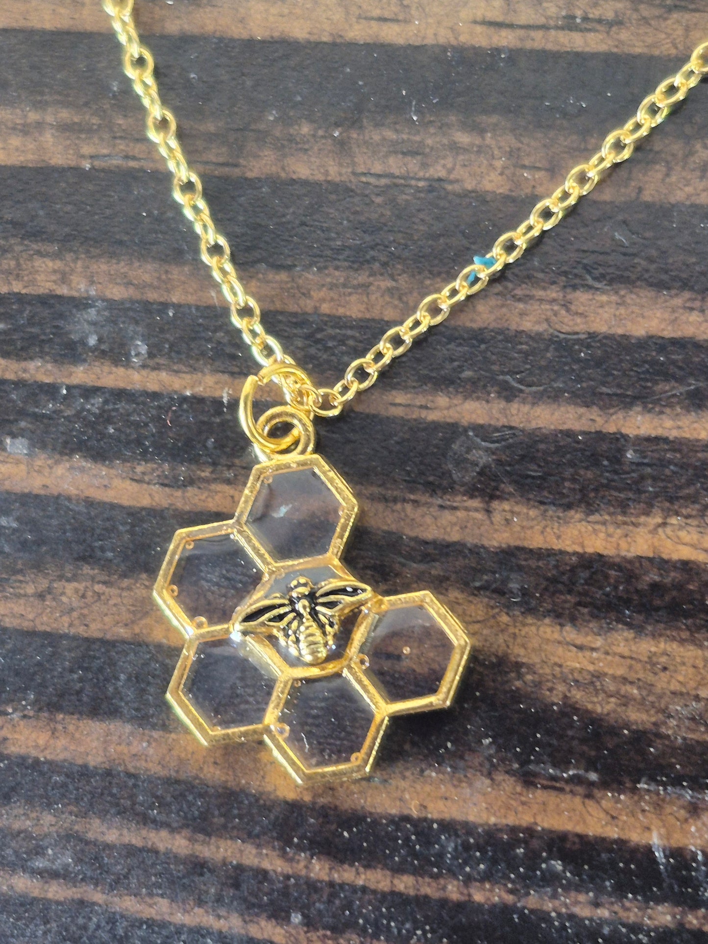 Clear honeycomb and bee necklace (6 hex)