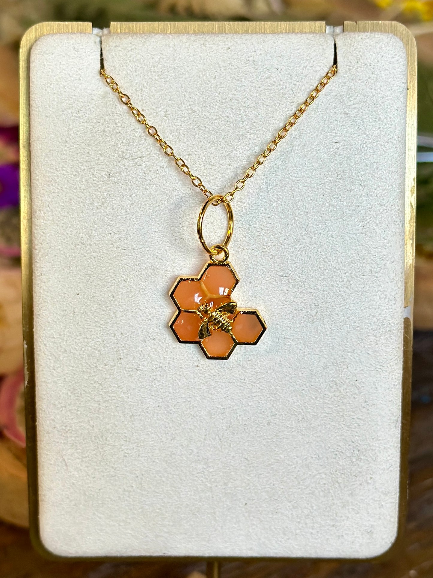 Peach honeycomb and bee necklace (6 hex)