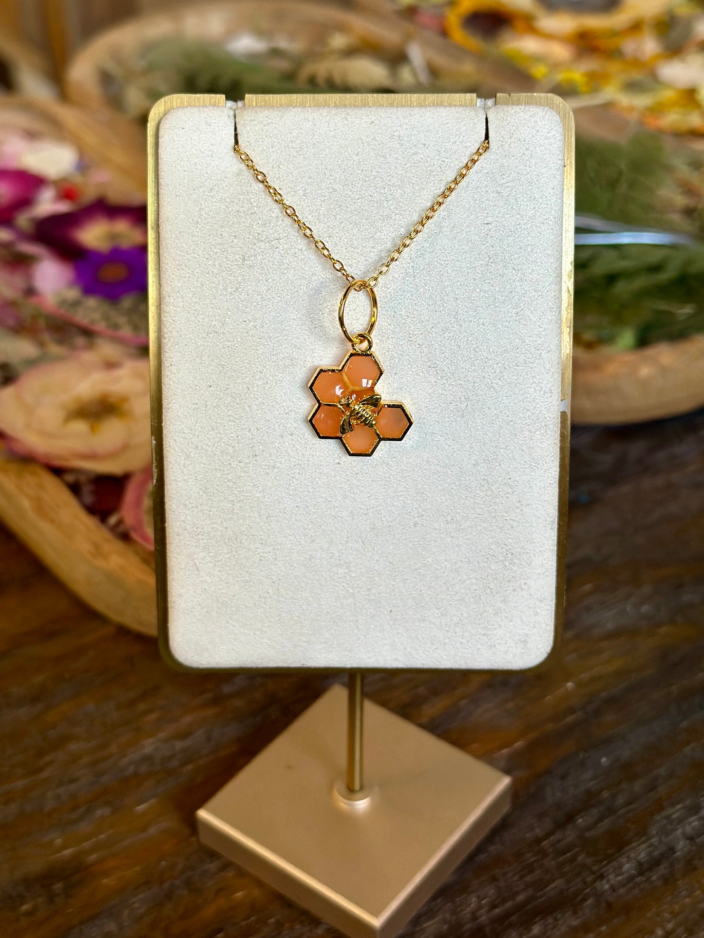 Peach honeycomb and bee necklace (6 hex)