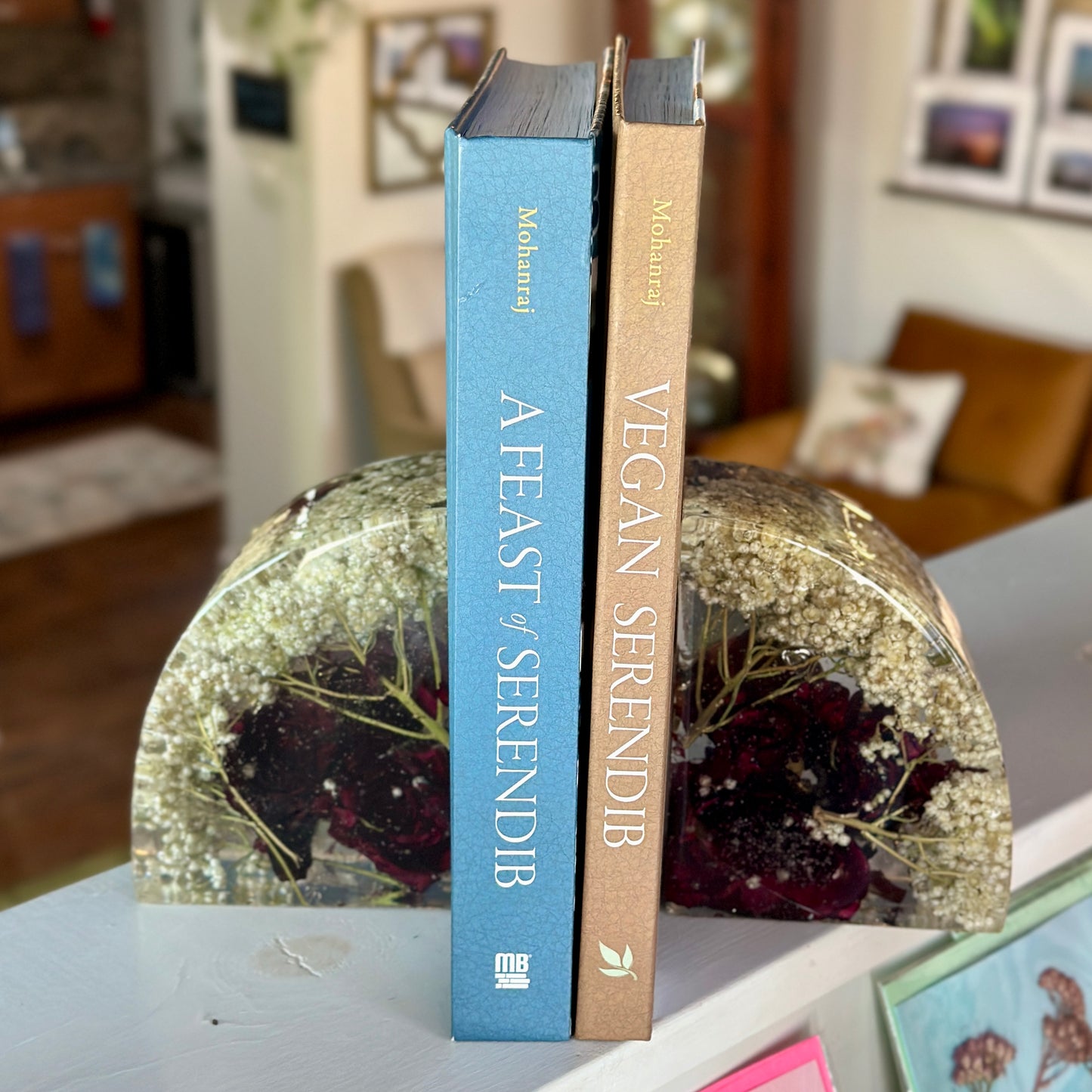 Red rose and baby's breath resin bookends