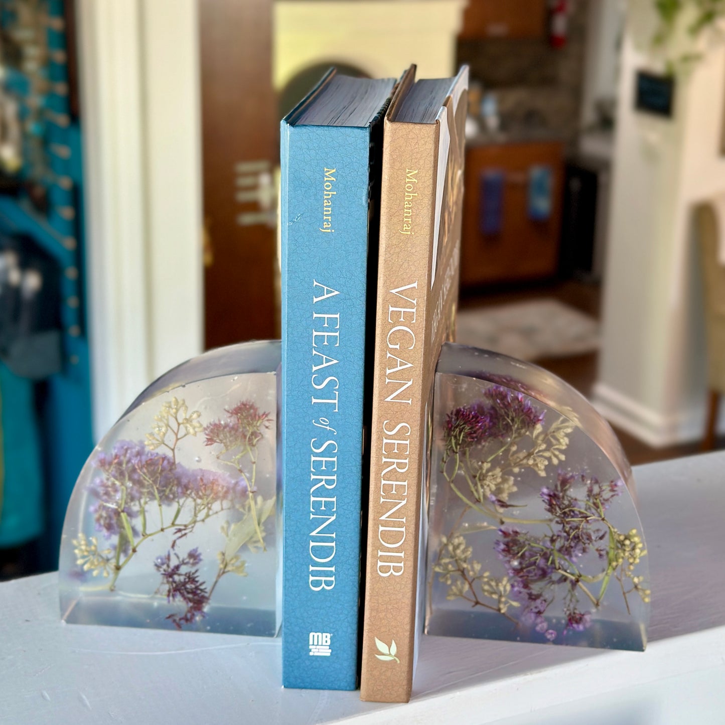 Purple and white botanical resin bookends