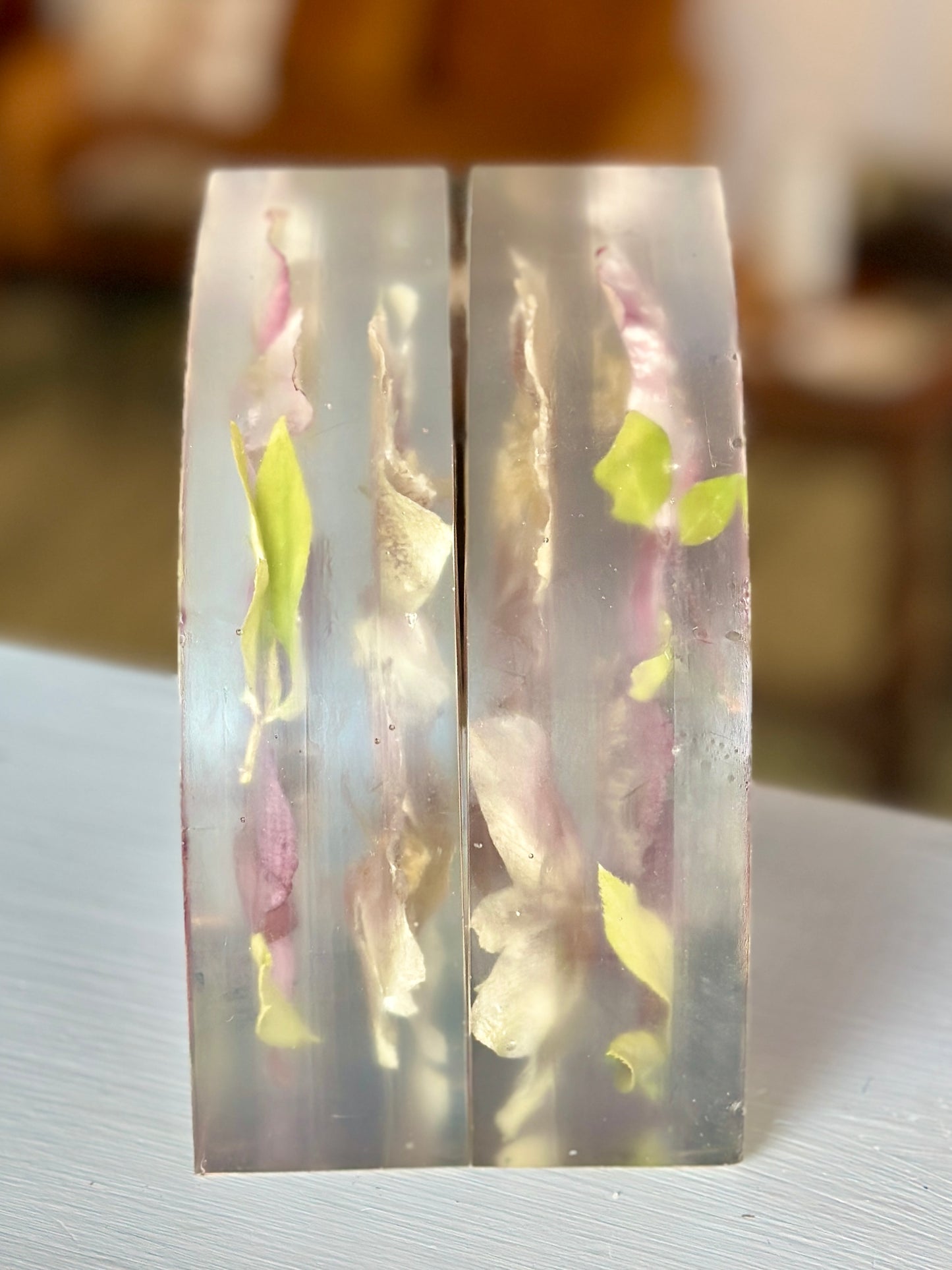 Pink and white hellebore resin bookends