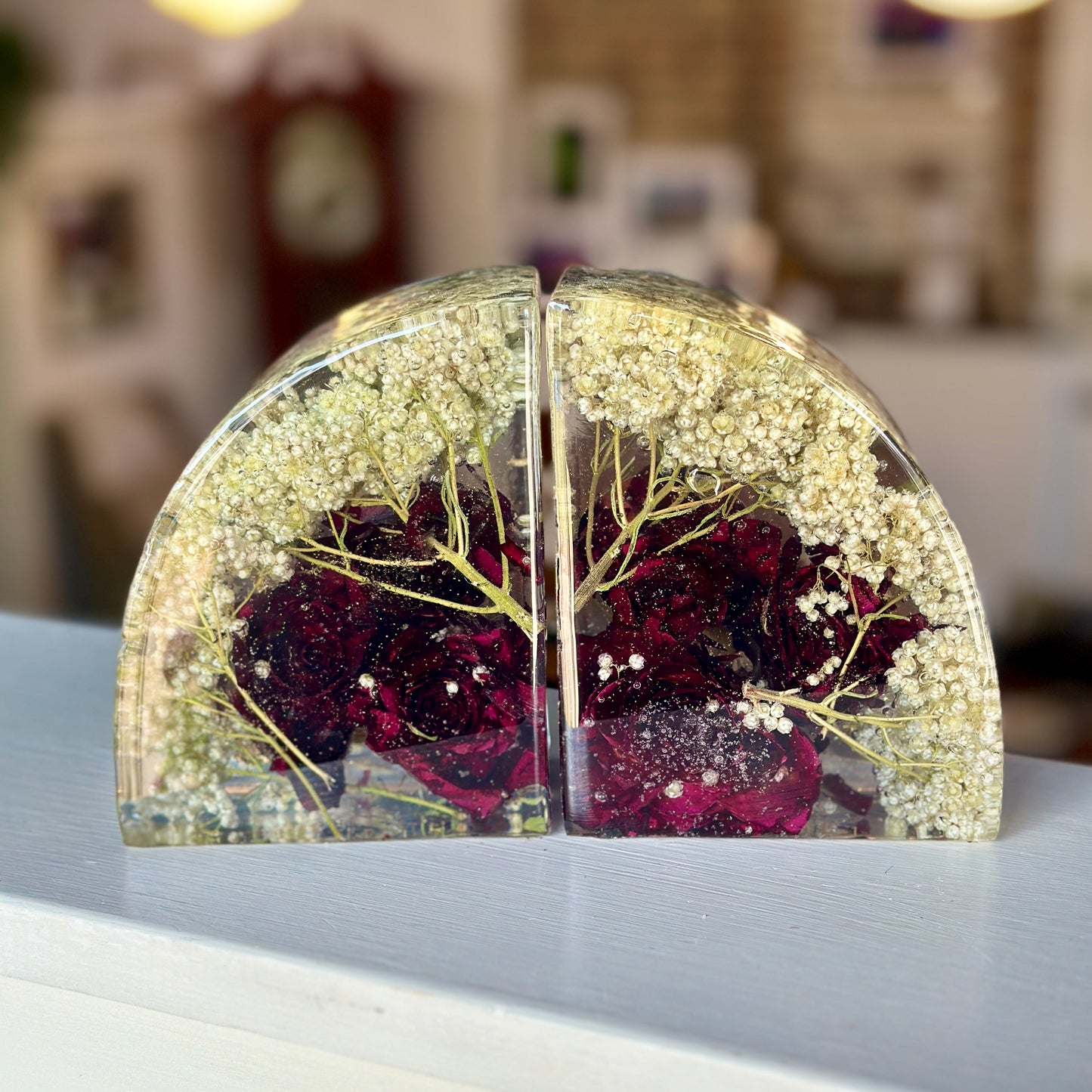 Red rose and baby's breath resin bookends