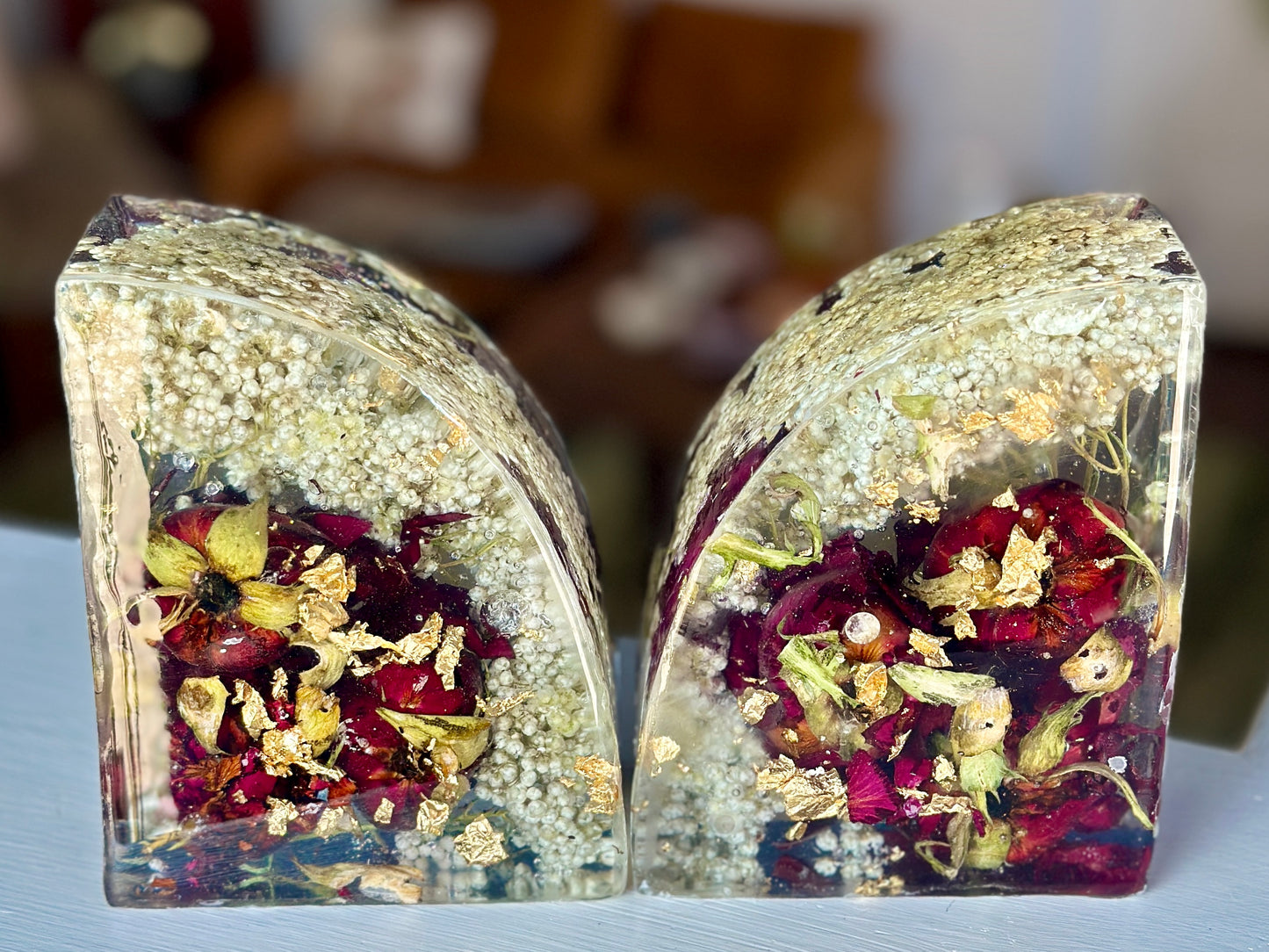 Red rose and baby's breath resin bookends