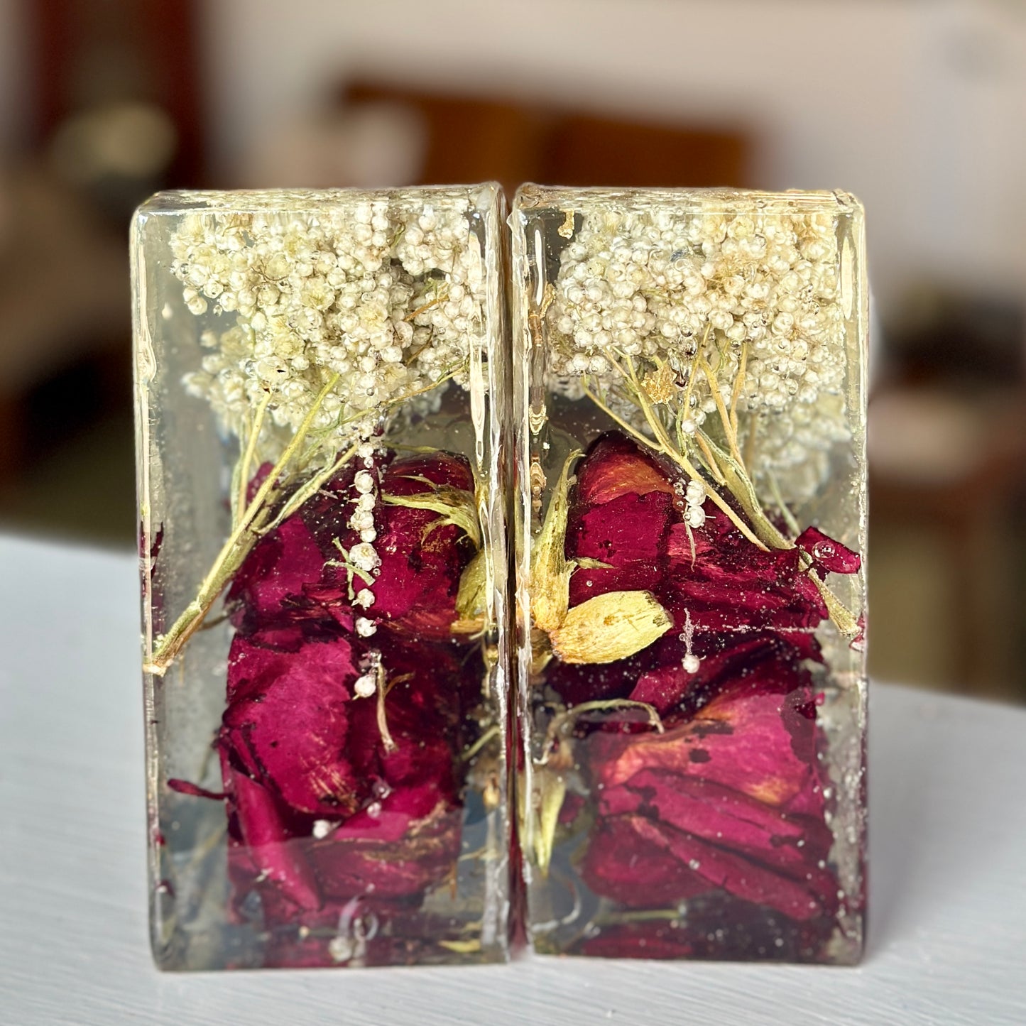 Red rose and baby's breath resin bookends
