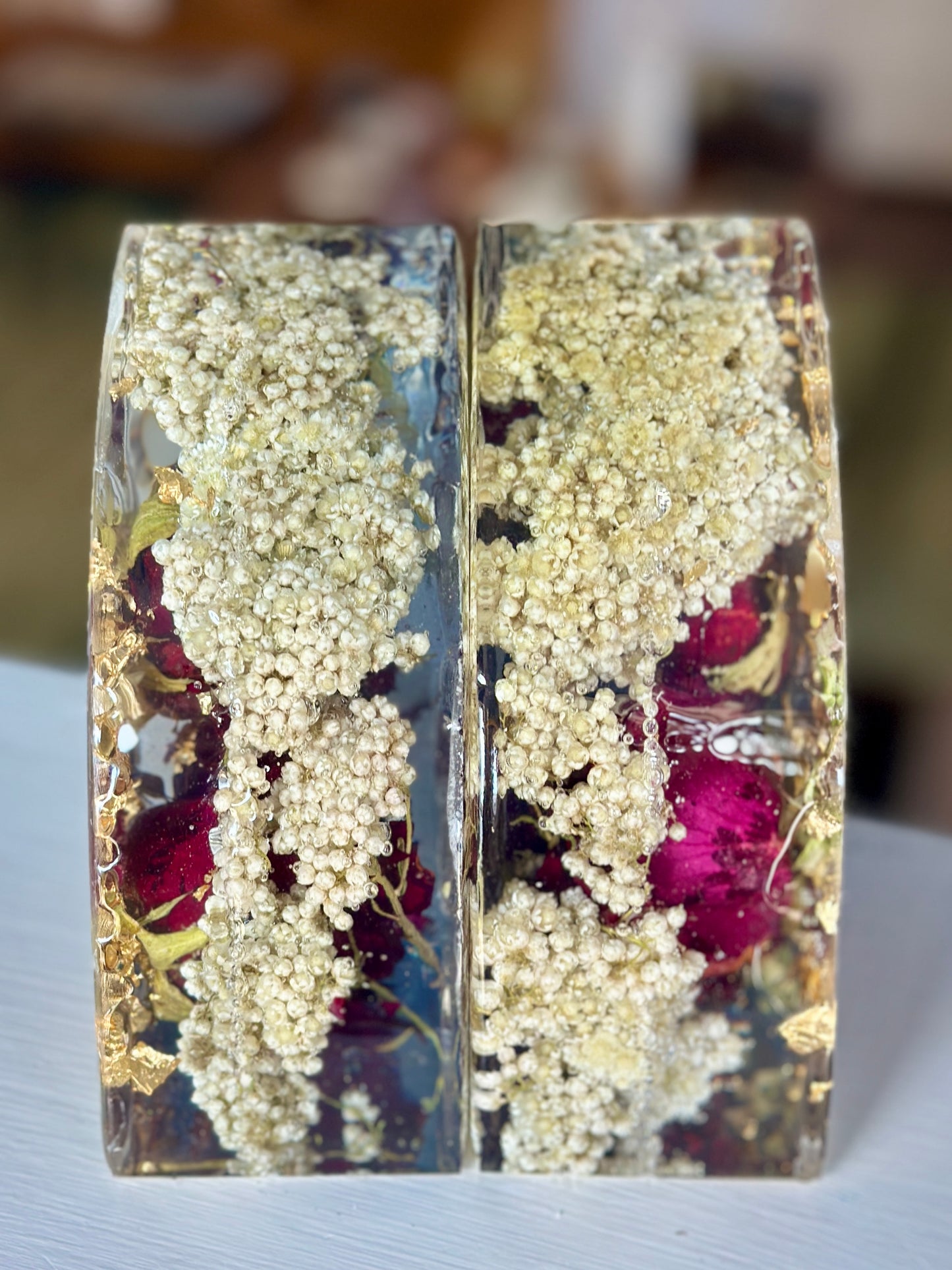 Red rose and baby's breath resin bookends