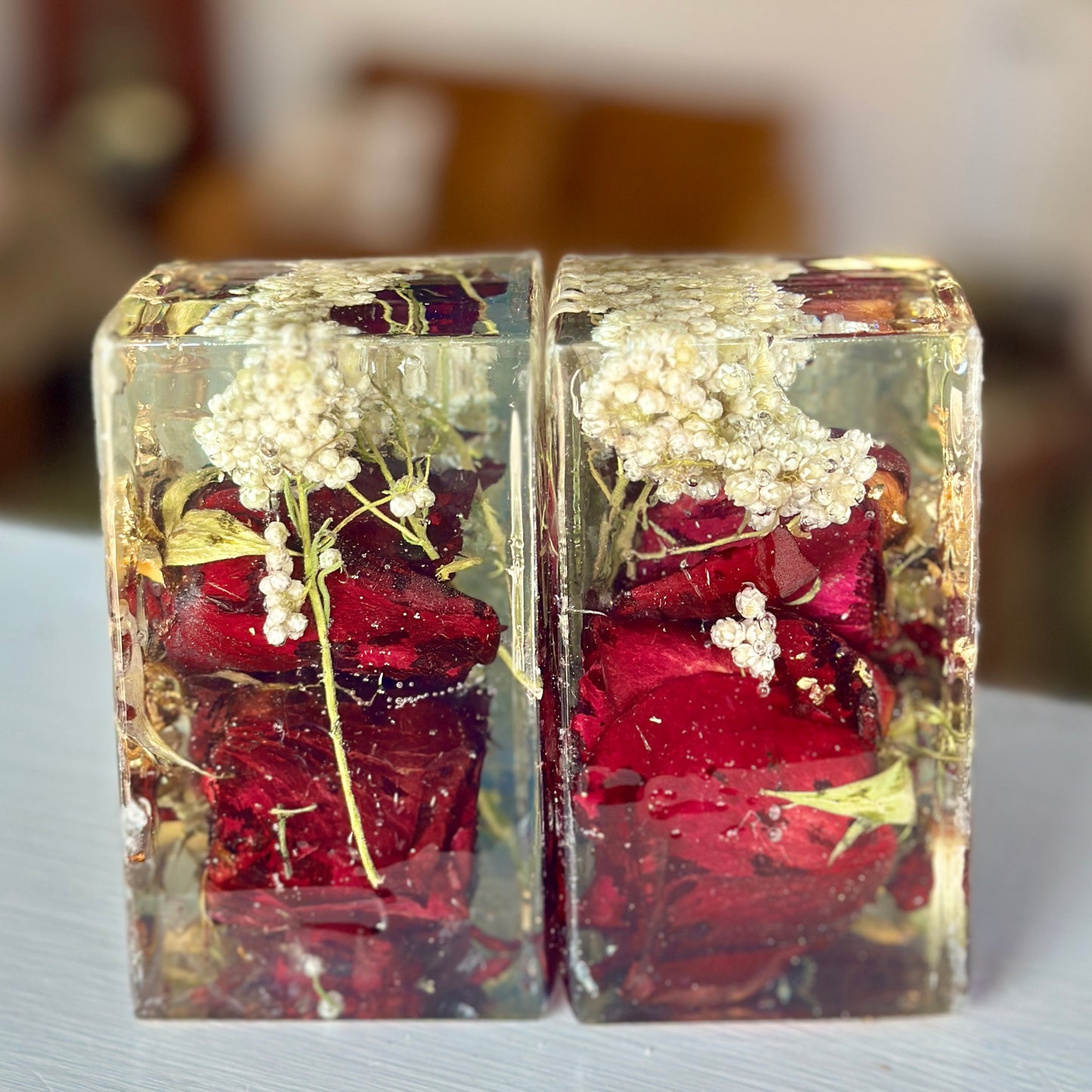 Red rose and baby's breath resin bookends