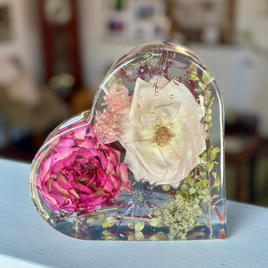 Pink and white rose and mixed floral resin heart (large)