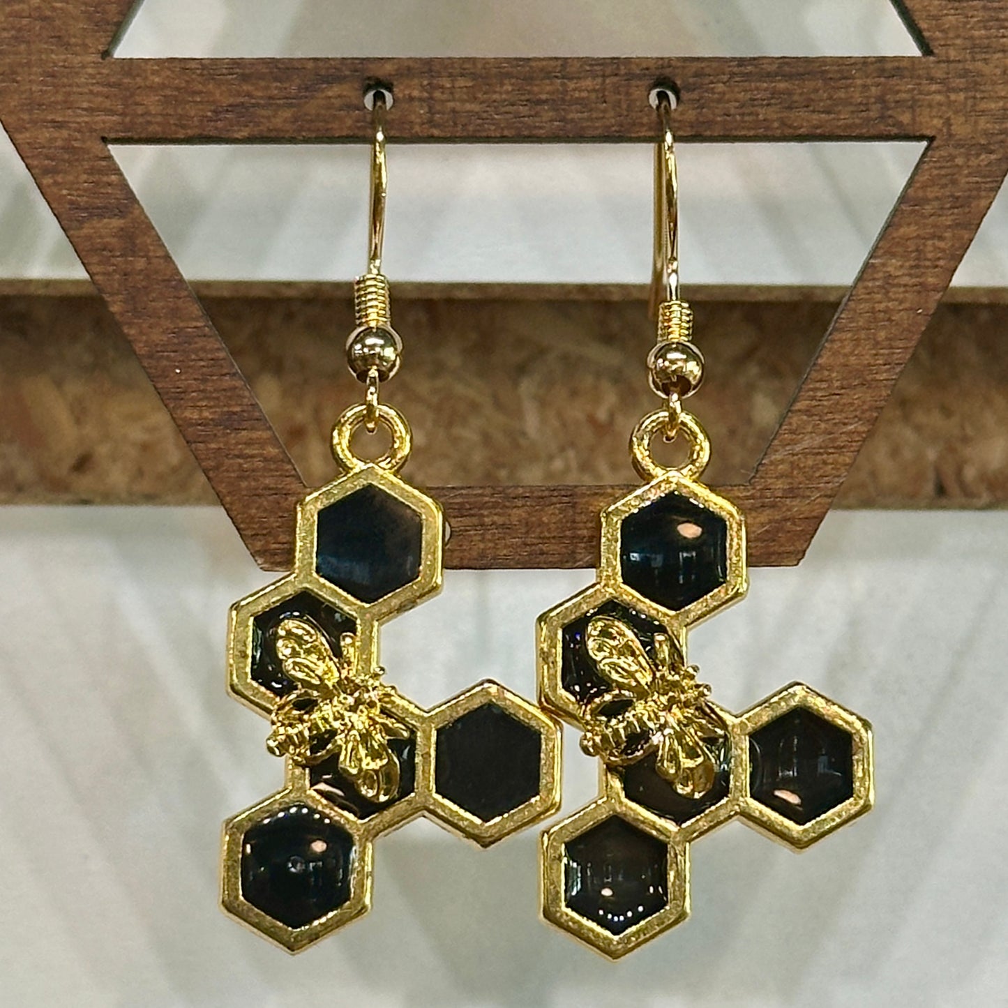 Black honeycomb and bee earrings (5 hex)