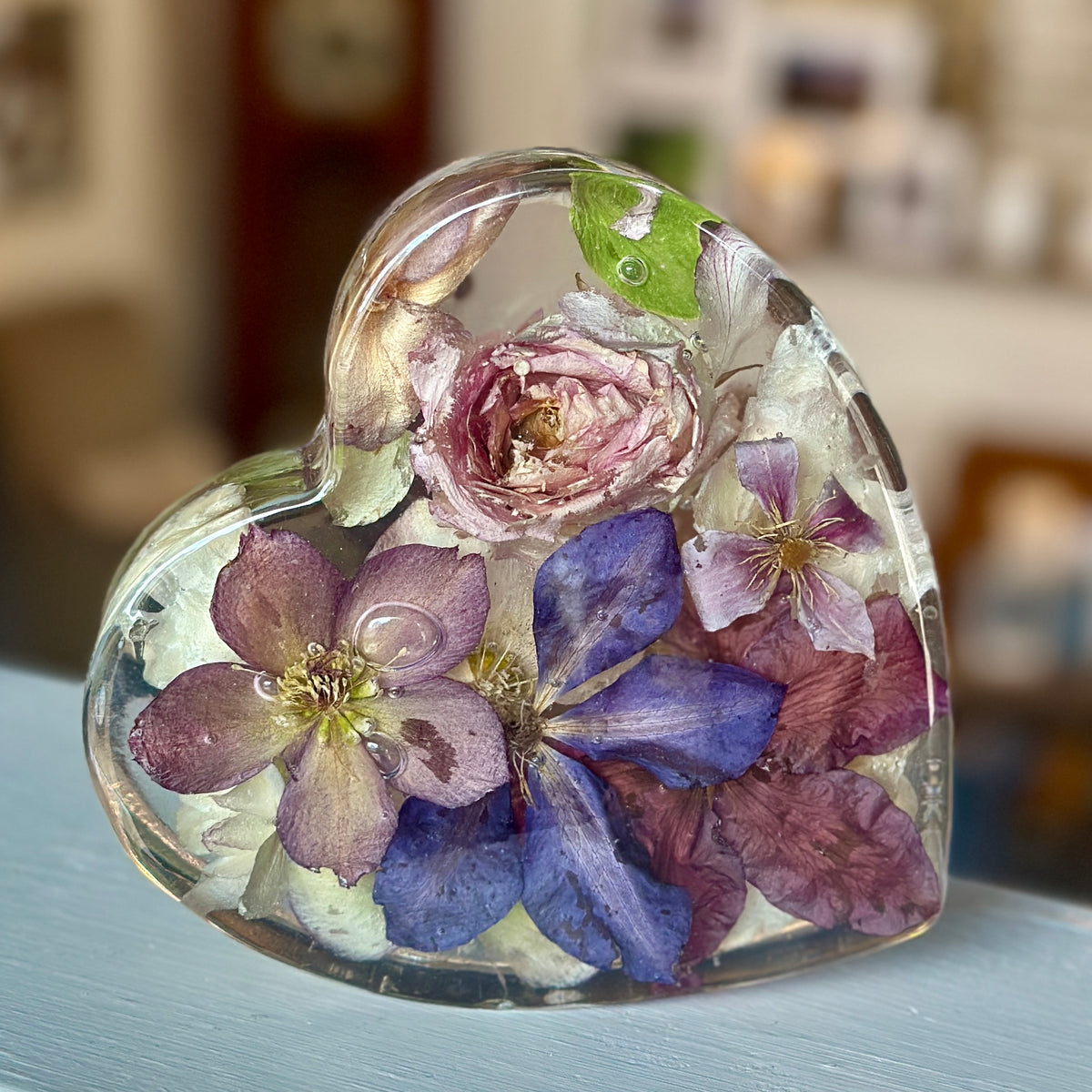 Clematis and rose resin heart (medium)