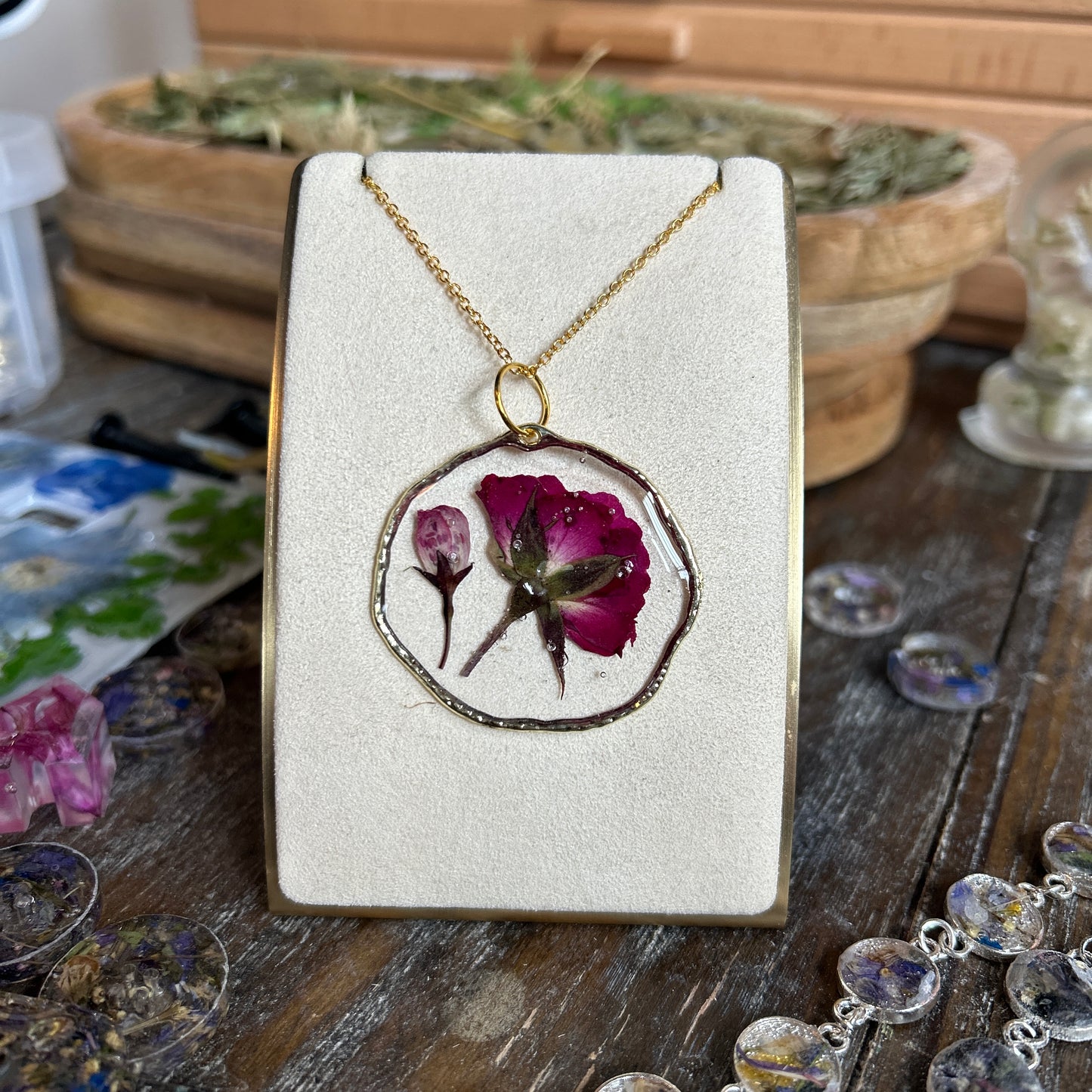 Pink flower gold necklace 3