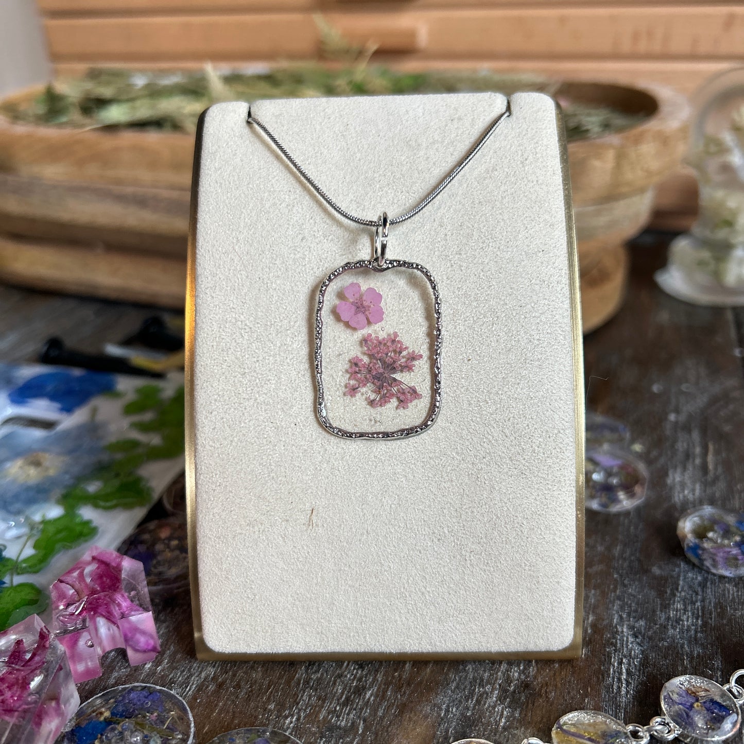 Pink flower silver necklace