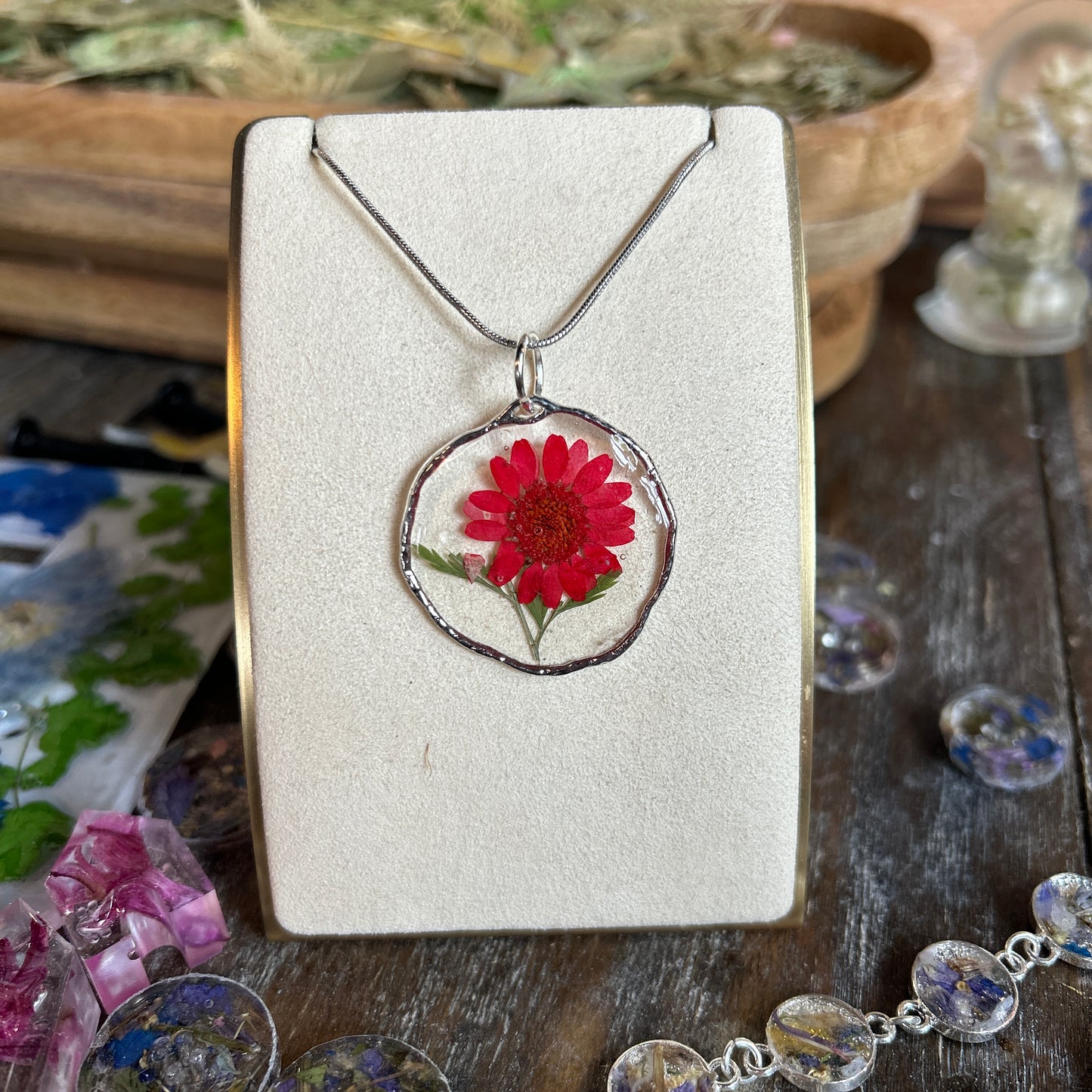 Pink flower silver necklace 3