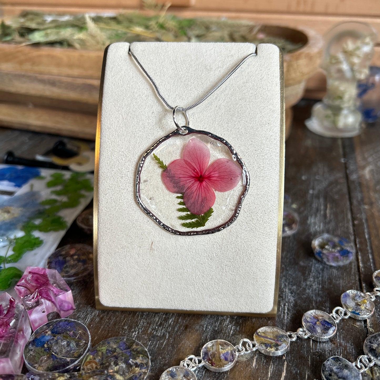 Pink flower silver necklace 4
