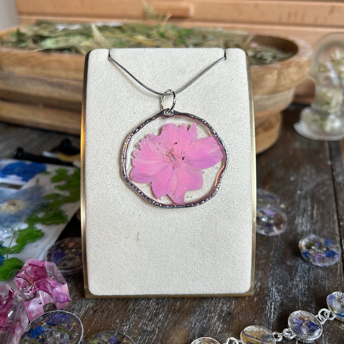 Pink flower silver necklace 5