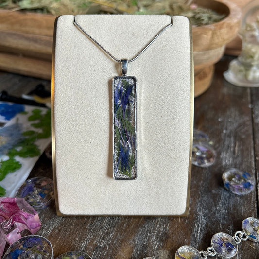 Purple flowers silver necklace rectangular