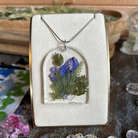 Purple flower and ferns necklace