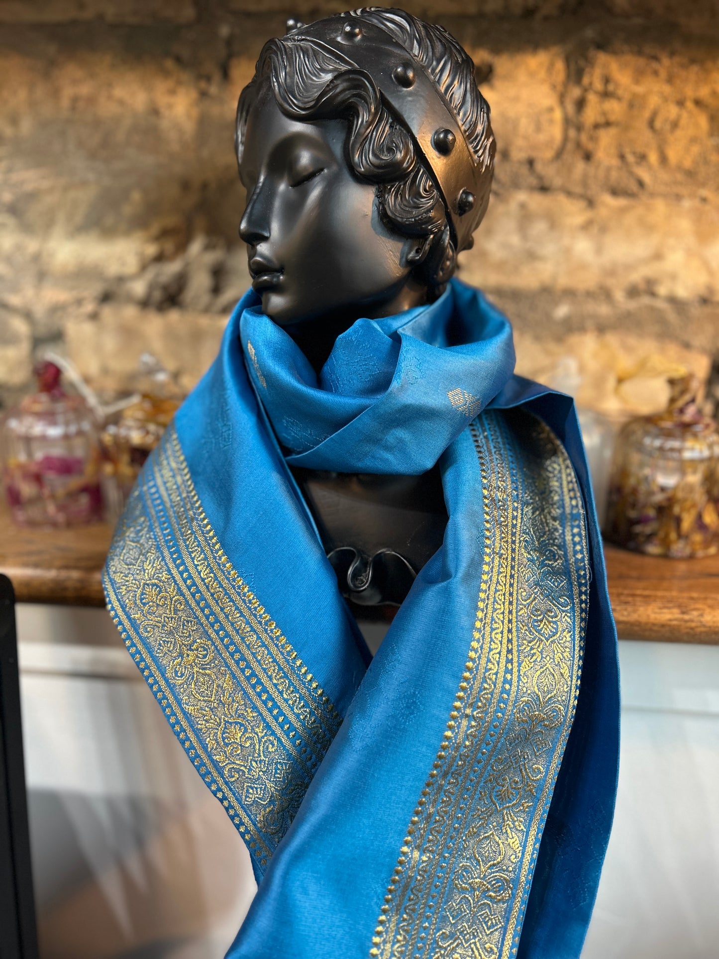 Handmade Scarf - Blue and Gold Sari Remnant