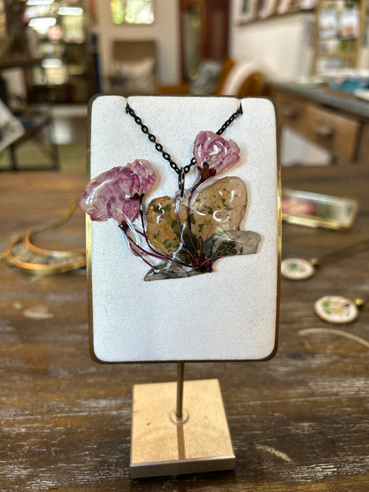 Resin Botanical Necklace - Pink and Yellow Flowers