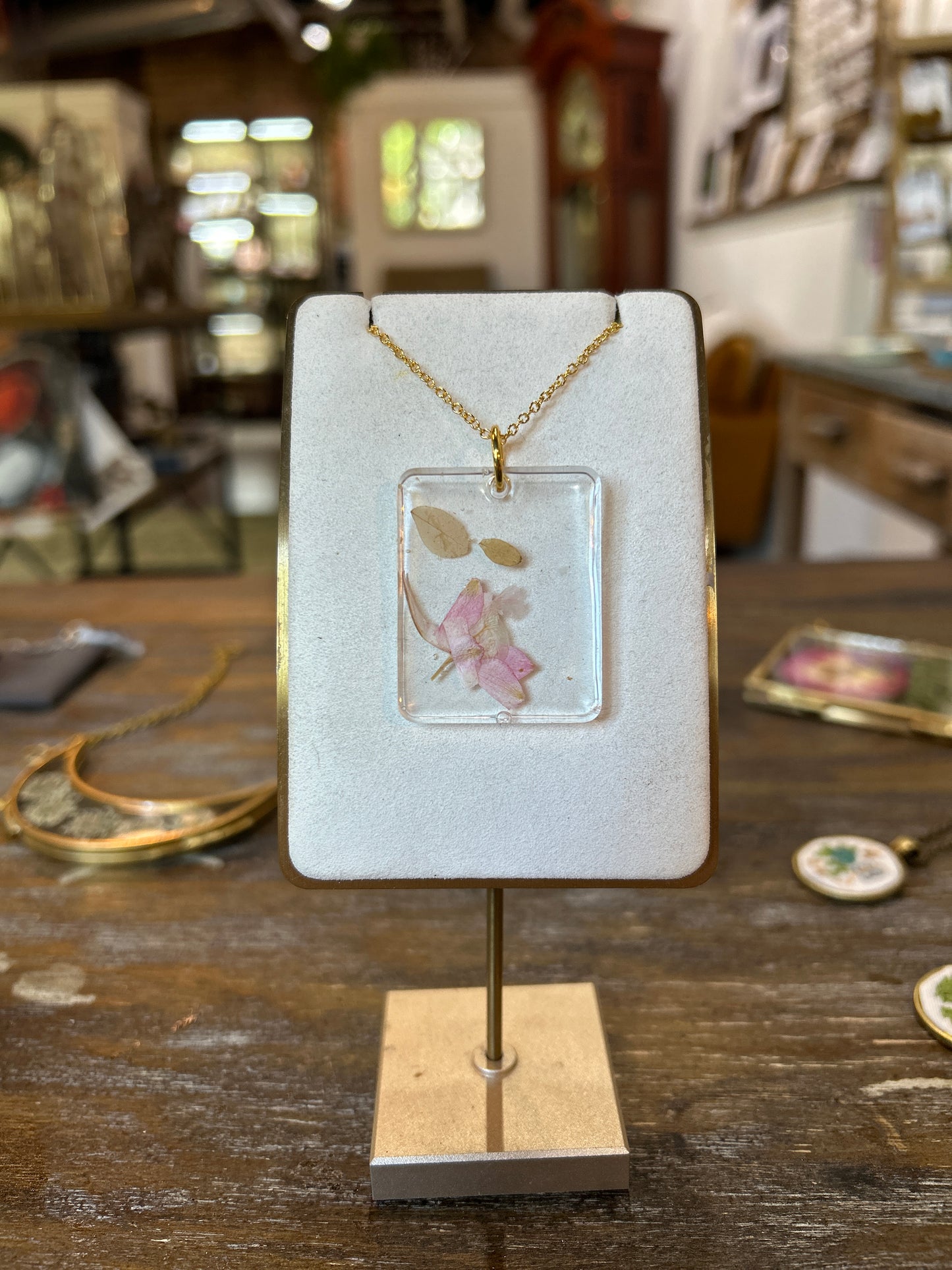 Resin Botanical Necklace - Rectangle Pink Petals