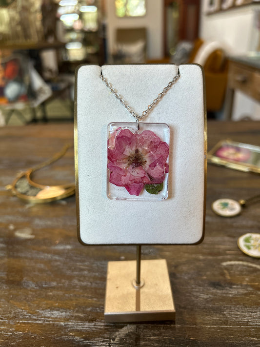 Resin Botanical Necklace - Clear Pink Rectangle