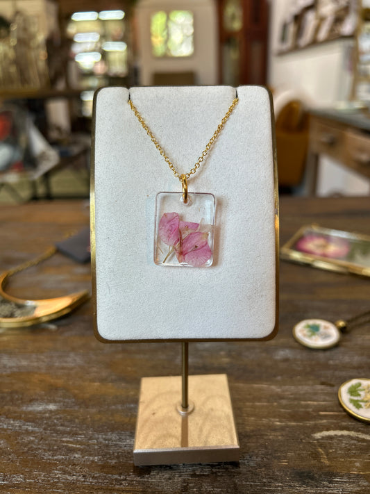 Resin Botanical Necklace - Clear Pink Rectangle Small