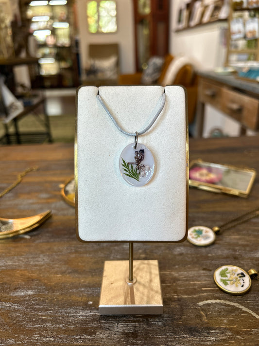 Resin Botanical Necklace - Oval Fern and Purple Flower