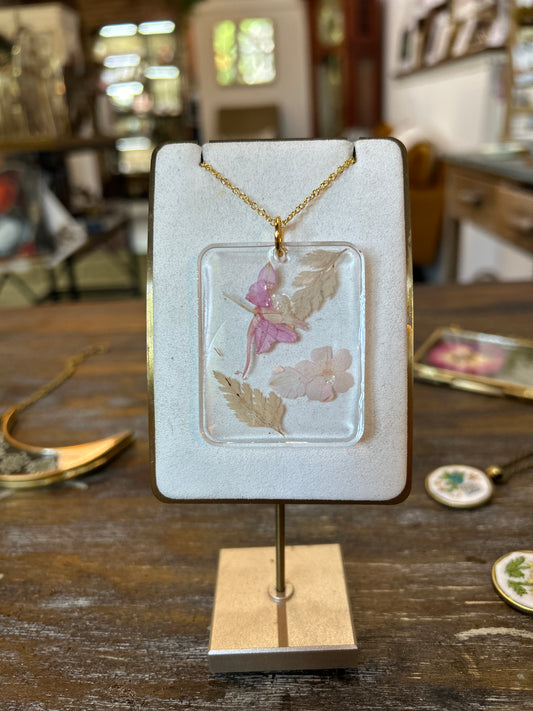 Resin Botanical Necklace - Pink + Yellow Rectangle