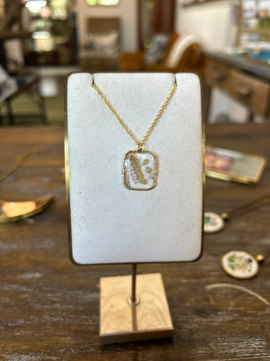 Resin Botanical Necklace - Yellow Gold Small Rectangle